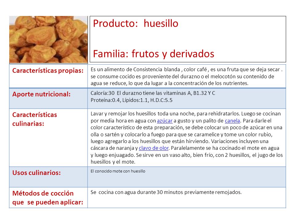 Producto: huesillo Familia: frutos y derivados