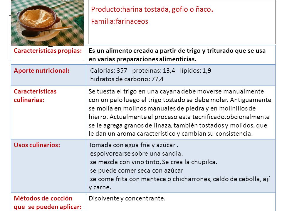 Producto:harina tostada, gofio o ñaco. Familia:farinaceos