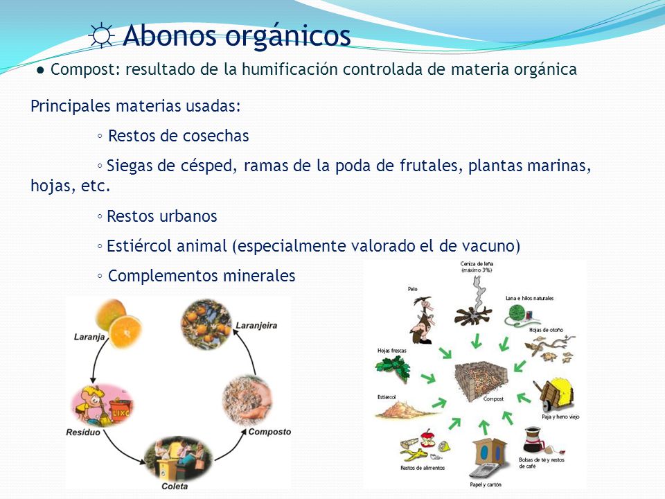 ☼ Abonos orgánicos ● Compost: resultado de la humificación controlada de materia orgánica. Principales materias usadas: