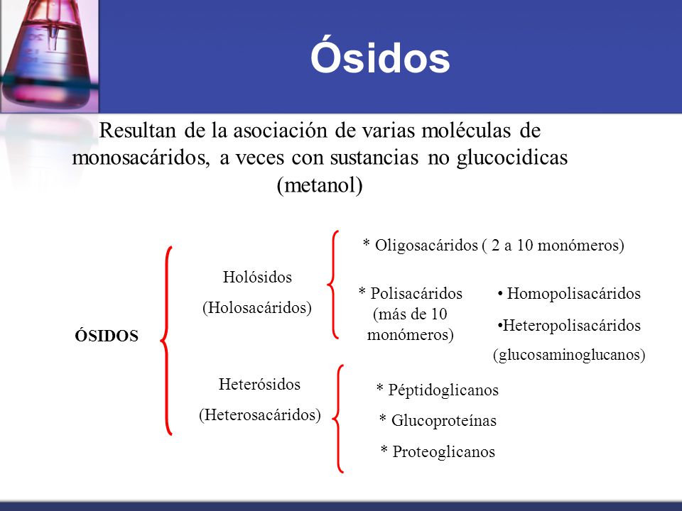 Ósidos Resultan de la asociación de varias moléculas de monosacáridos, a veces con sustancias no glucocidicas (metanol)