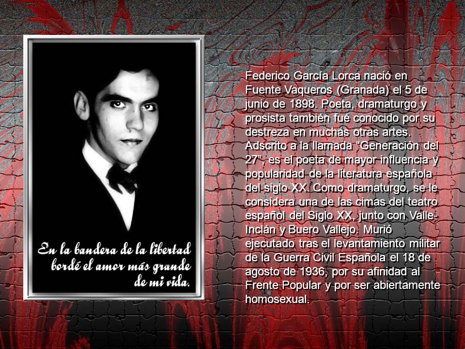Federico García Lorca nació en Fuente Vaqueros (Granada) el 5 de junio de 1898.