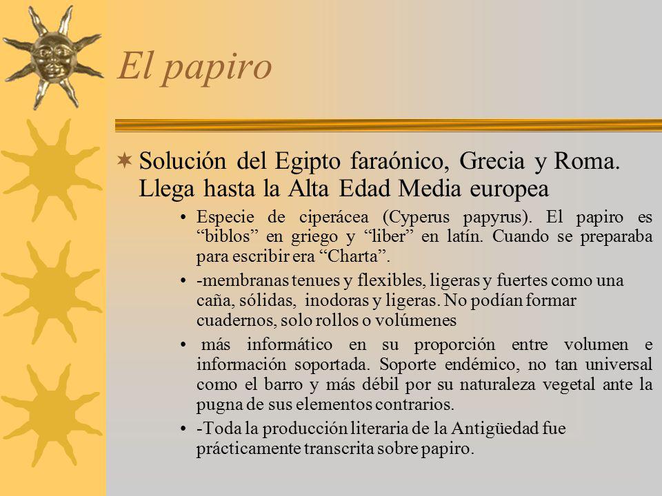 El papiro Solución del Egipto faraónico, Grecia y Roma. Llega hasta la Alta Edad Media europea.