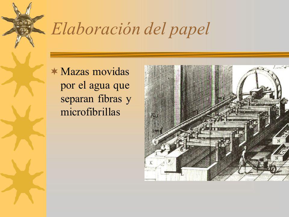 Elaboración del papel Mazas movidas por el agua que separan fibras y microfibrillas