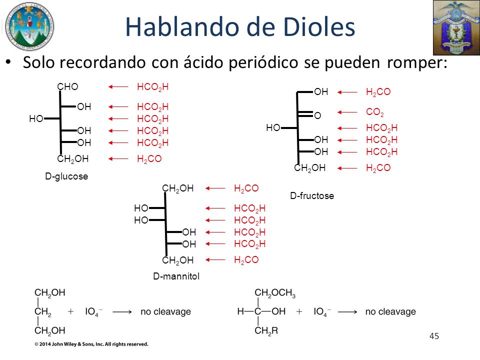 Hablando de Dioles Solo recordando con ácido periódico se pueden romper: CH2OH. CHO. HO. OH. D-glucose.