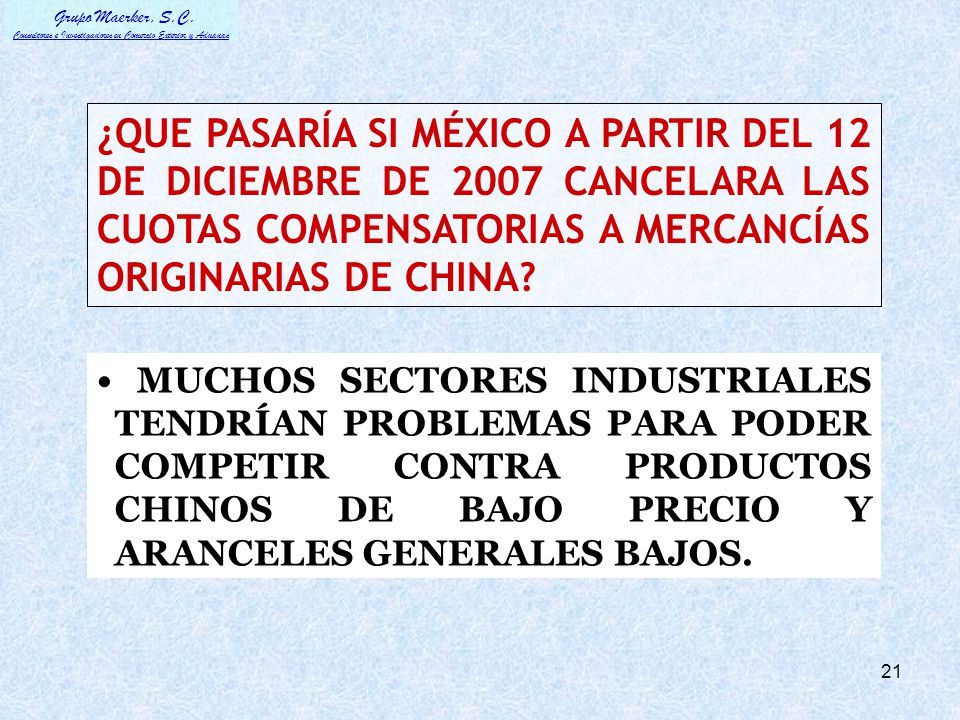¿QUE PASARÍA SI MÉXICO A PARTIR DEL 12 DE DICIEMBRE DE 2007 CANCELARA LAS CUOTAS COMPENSATORIAS A MERCANCÍAS ORIGINARIAS DE CHINA
