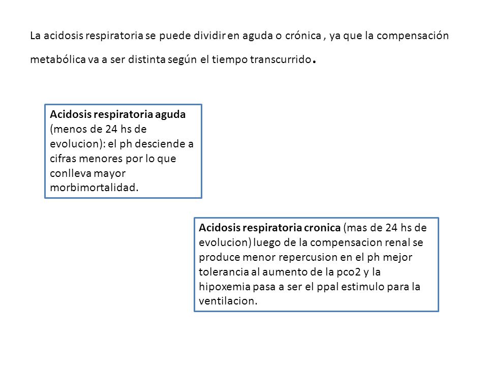 La acidosis respiratoria se puede dividir en aguda o crónica , ya que la compensación metabólica va a ser distinta según el tiempo transcurrido.