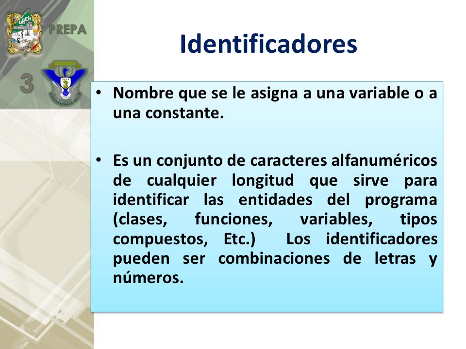 Identificadores Nombre que se le asigna a una variable o a una constante.