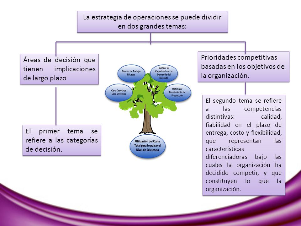 La estrategia de operaciones se puede dividir en dos grandes temas: