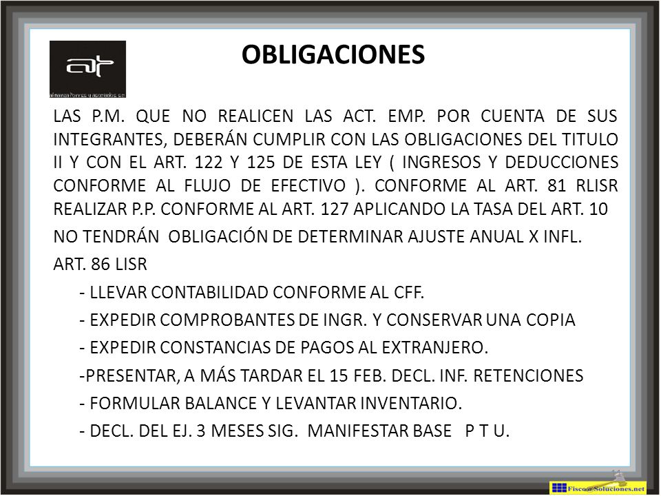 NO TENDRÁN OBLIGACIÓN DE DETERMINAR AJUSTE ANUAL X INFL. ART. 86 LISR