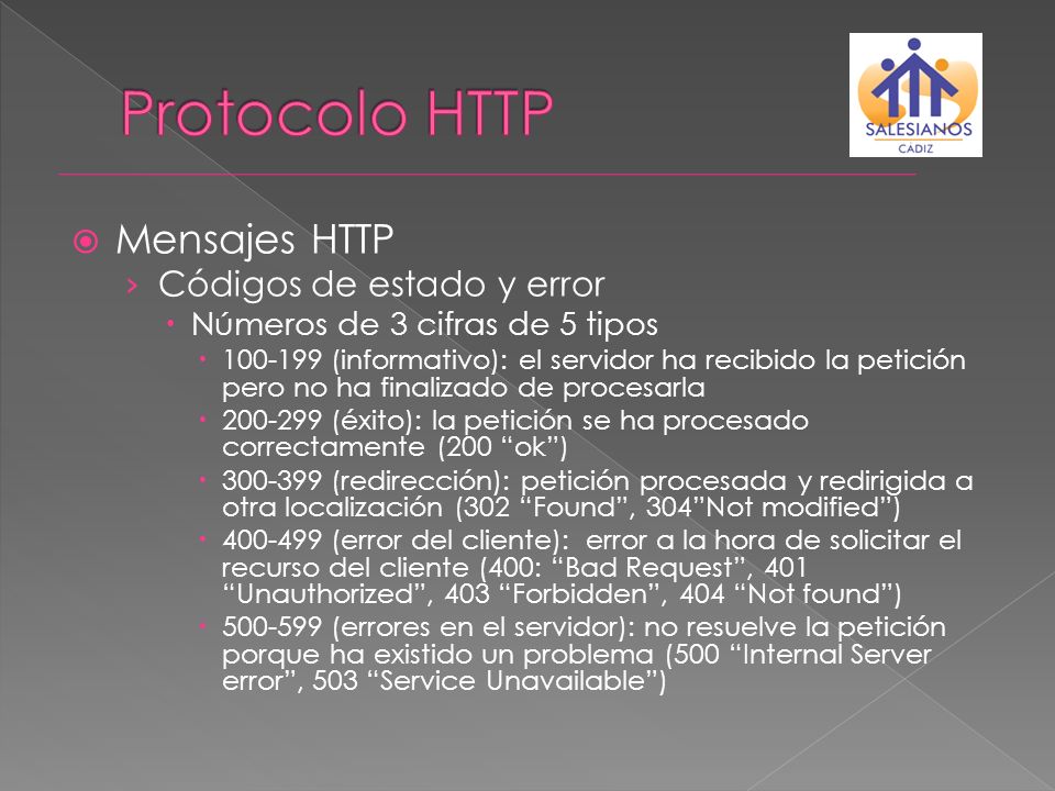 Protocolo HTTP Mensajes HTTP Códigos de estado y error