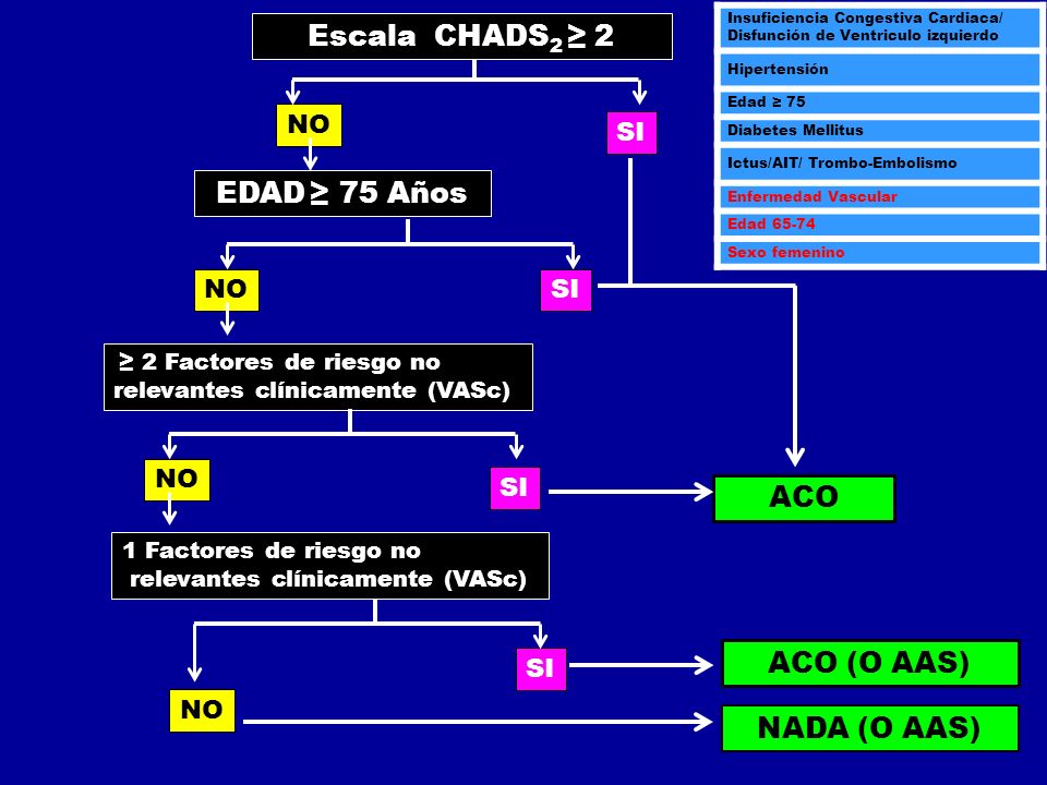 Escala CHADS2 ≥ 2 EDAD ≥ 75 Años ACO ACO (O AAS) NADA (O AAS) NO SI NO
