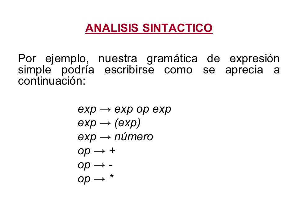 ANALISIS SINTACTICO Por ejemplo, nuestra gramática de expresión simple podría escribirse como se aprecia a continuación: