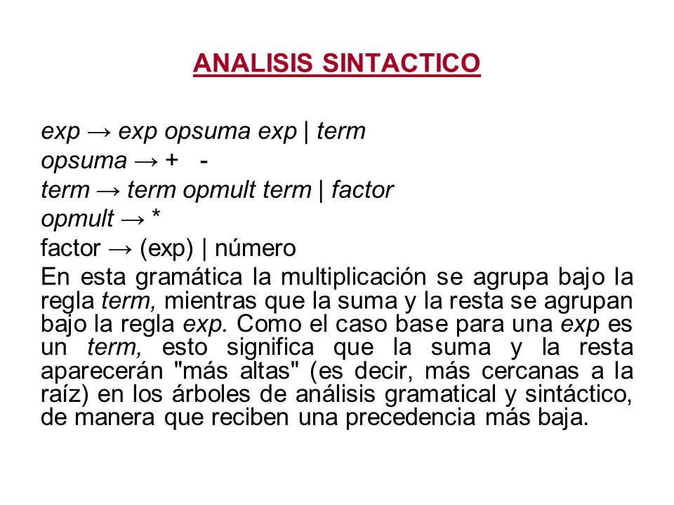 ANALISIS SINTACTICO exp → exp opsuma exp | term opsuma → + -