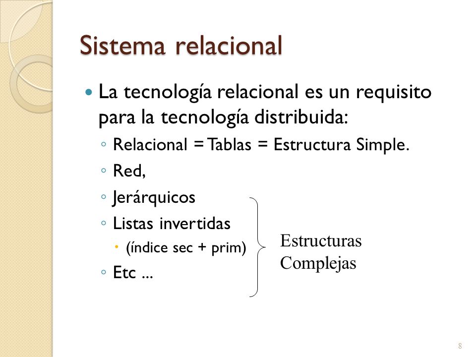 Sistema relacional La tecnología relacional es un requisito para la tecnología distribuida: Relacional = Tablas = Estructura Simple.
