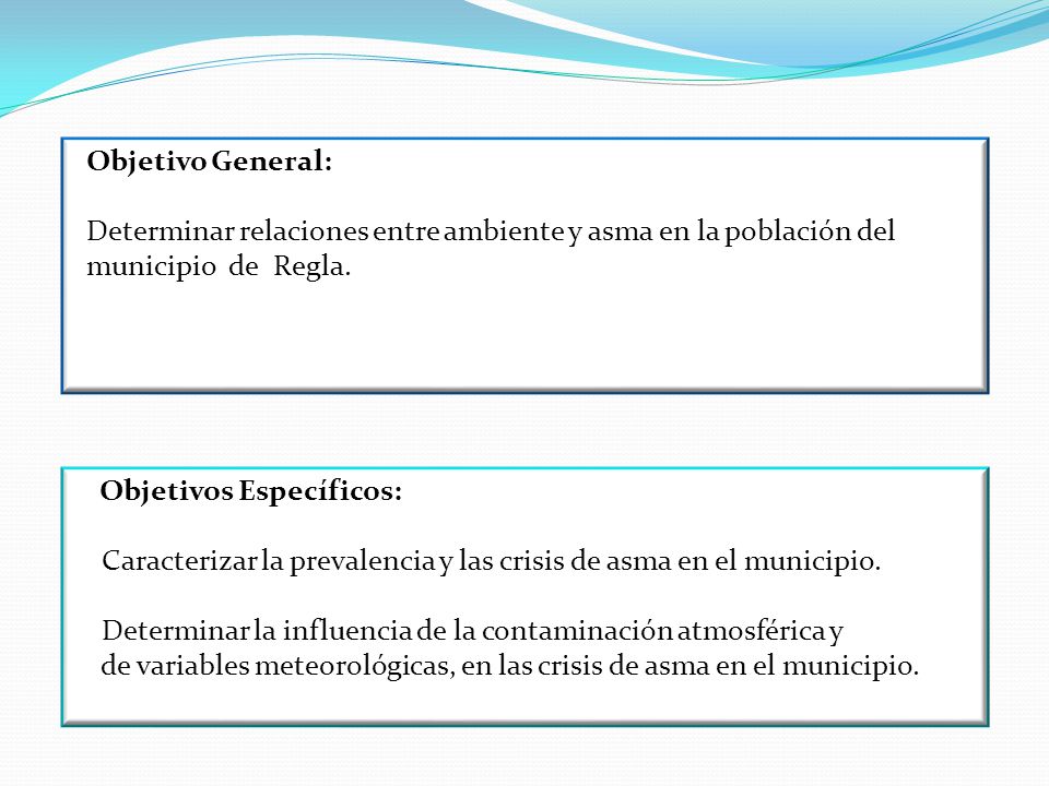 Objetivo General: Determinar relaciones entre ambiente y asma en la población del. municipio de Regla.