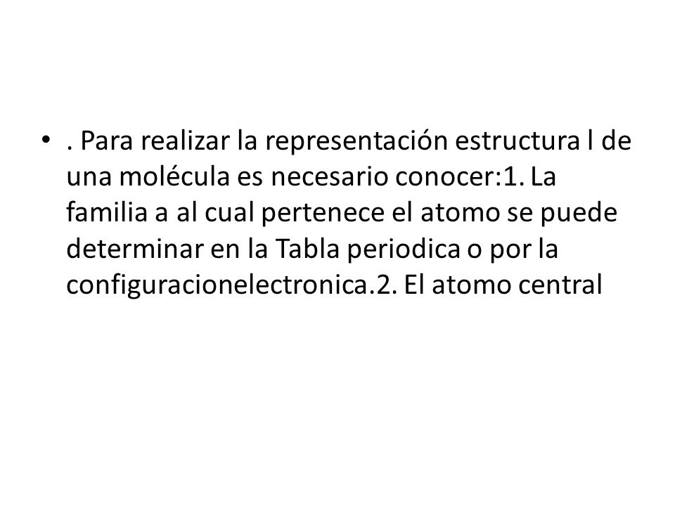 Para realizar la representación estructura l de una molécula es necesario conocer:1.