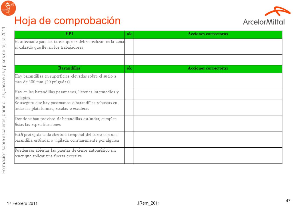 Hoja de comprobación EPI ok Acciones correctoras