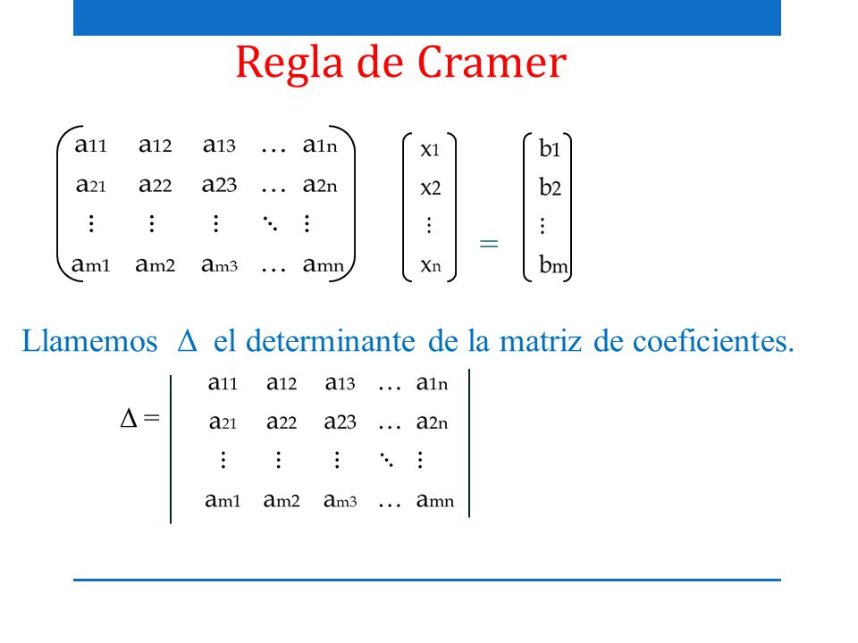 Regla de Cramer = Llamemos Δ el determinante de la matriz de coeficientes. Δ =