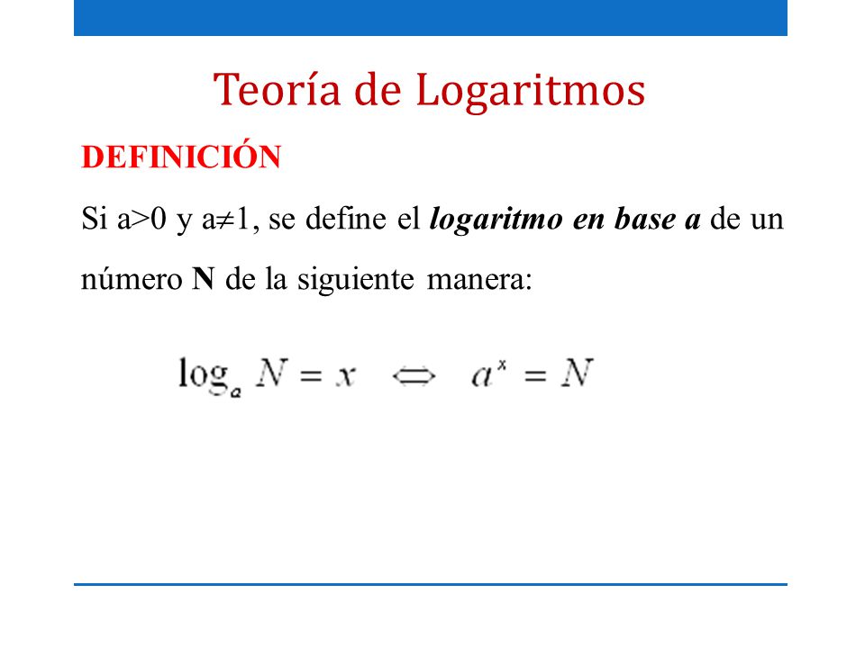 Teoría de Logaritmos DEFINICIÓN Si a>0 y a1, se define el logaritmo en base a de un número N de la siguiente manera: