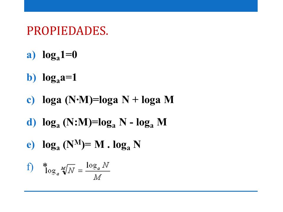 PROPIEDADES. loga1=0 logaa=1 loga (N·M)=loga N + loga M