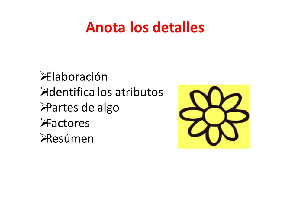 Anota los detalles Elaboración Identifica los atributos Partes de algo