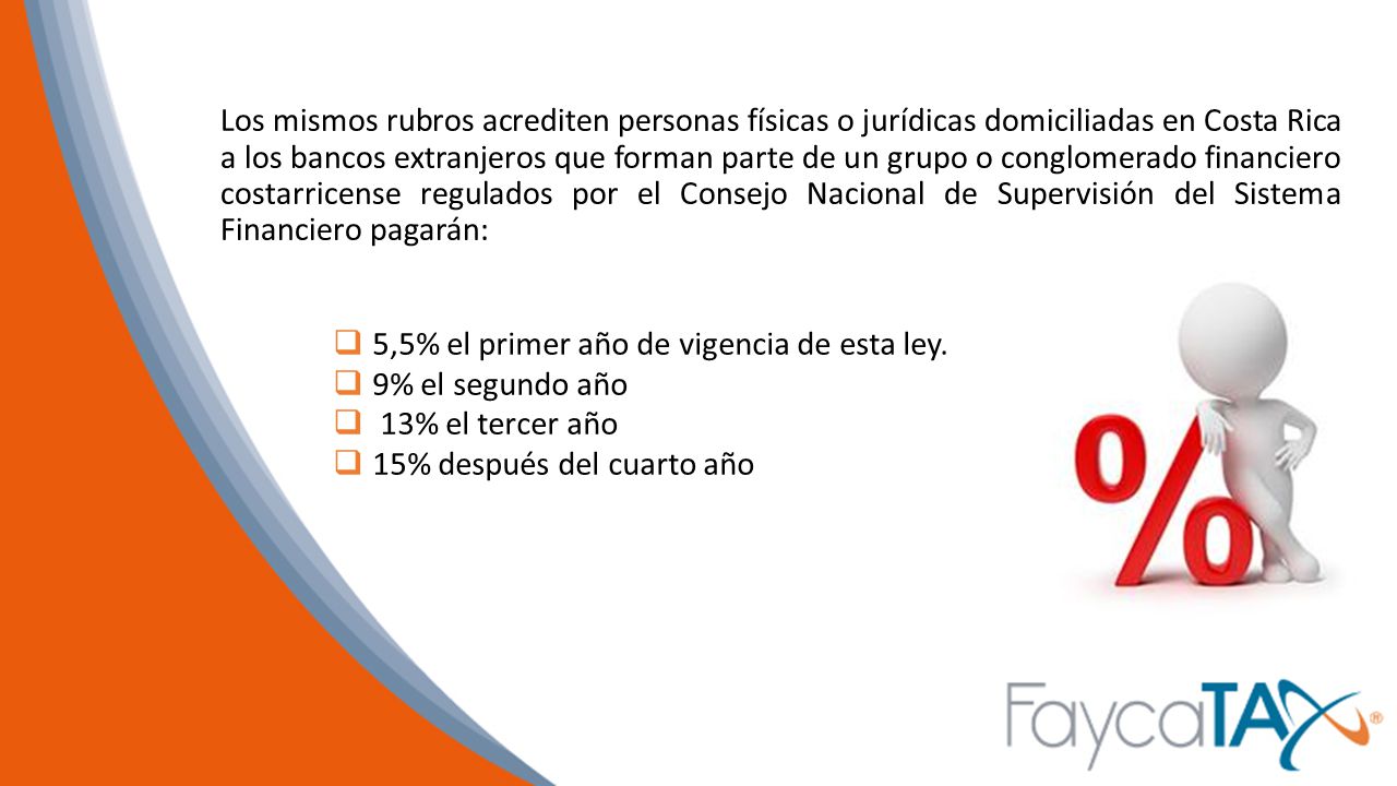 Los mismos rubros acrediten personas físicas o jurídicas domiciliadas en Costa Rica a los bancos extranjeros que forman parte de un grupo o conglomerado financiero costarricense regulados por el Consejo Nacional de Supervisión del Sistema Financiero pagarán:
