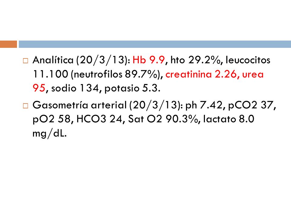 Analítica (20/3/13): Hb 9. 9, hto 29. 2%, leucocitos 11