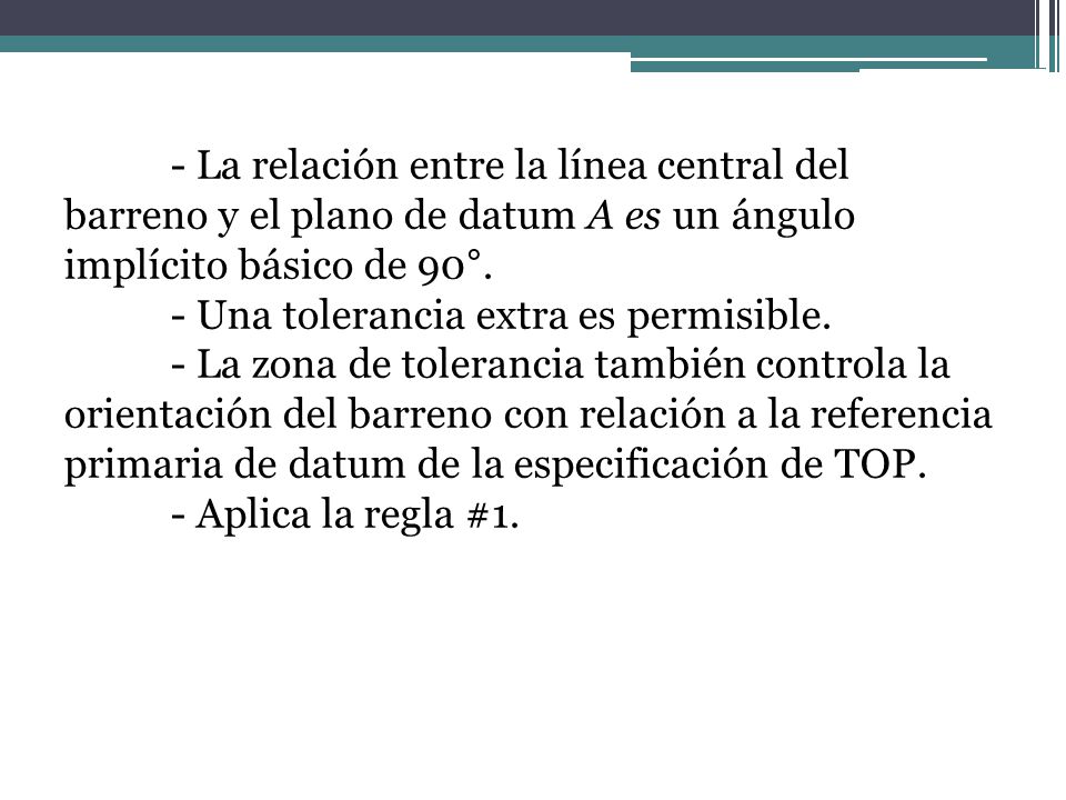 - La relación entre la línea central del barreno y el plano de datum A es un ángulo implícito básico de 90°.