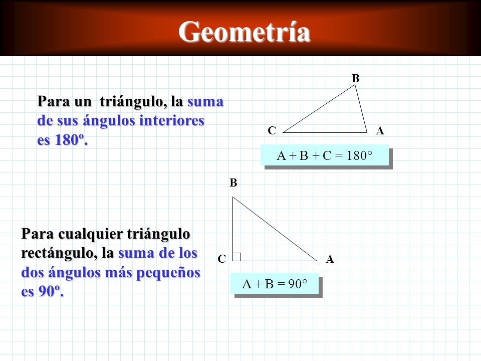 Geometría A + B + C = 180° A. C. B. Para un triángulo, la suma de sus ángulos interiores es 180º.