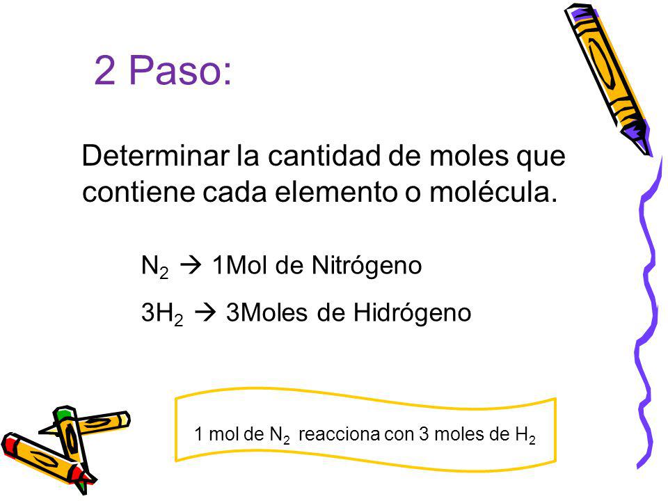 2 Paso: Determinar la cantidad de moles que contiene cada elemento o molécula. N2  1Mol de Nitrógeno.
