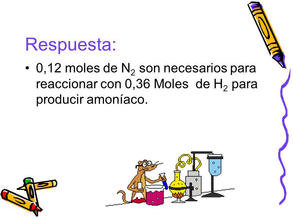 Respuesta: 0,12 moles de N2 son necesarios para reaccionar con 0,36 Moles de H2 para producir amoníaco.