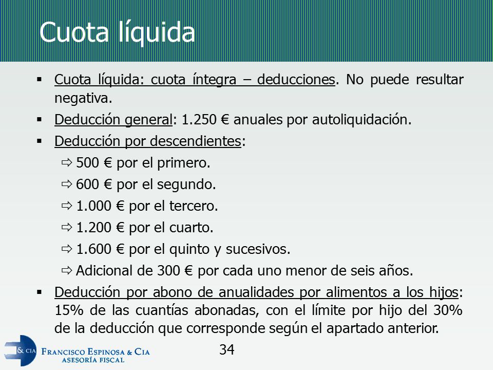 Cuota líquida Cuota líquida: cuota íntegra – deducciones. No puede resultar negativa. Deducción general: € anuales por autoliquidación.