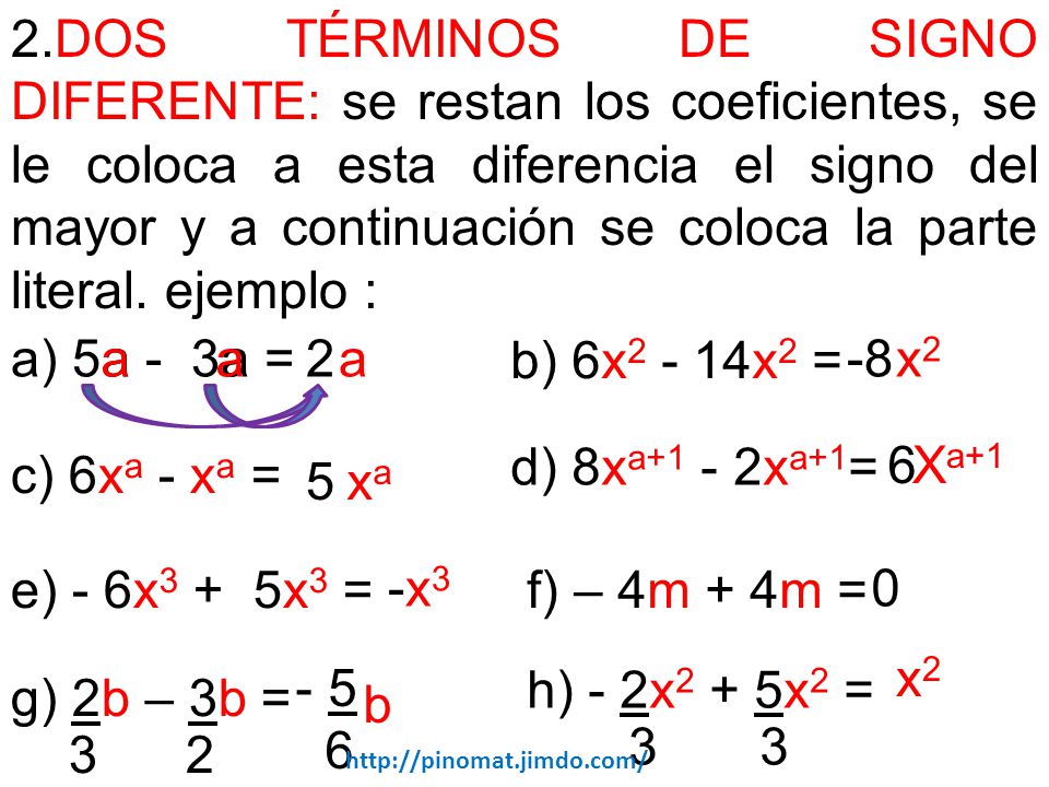 2.DOS TÉRMINOS DE SIGNO DIFERENTE: se restan los coeficientes, se le coloca a esta diferencia el signo del mayor y a continuación se coloca la parte literal. ejemplo :