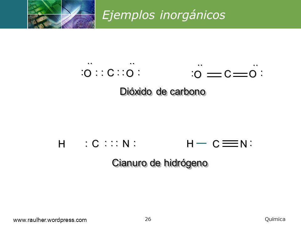 Ejemplos inorgánicos C : O .. C : O .. Dióxido de carbono : N C H : N