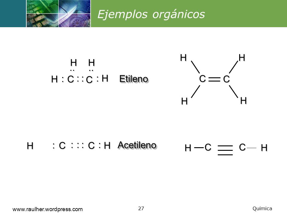Ejemplos orgánicos C H C : .. H Etileno : C H Acetileno C H