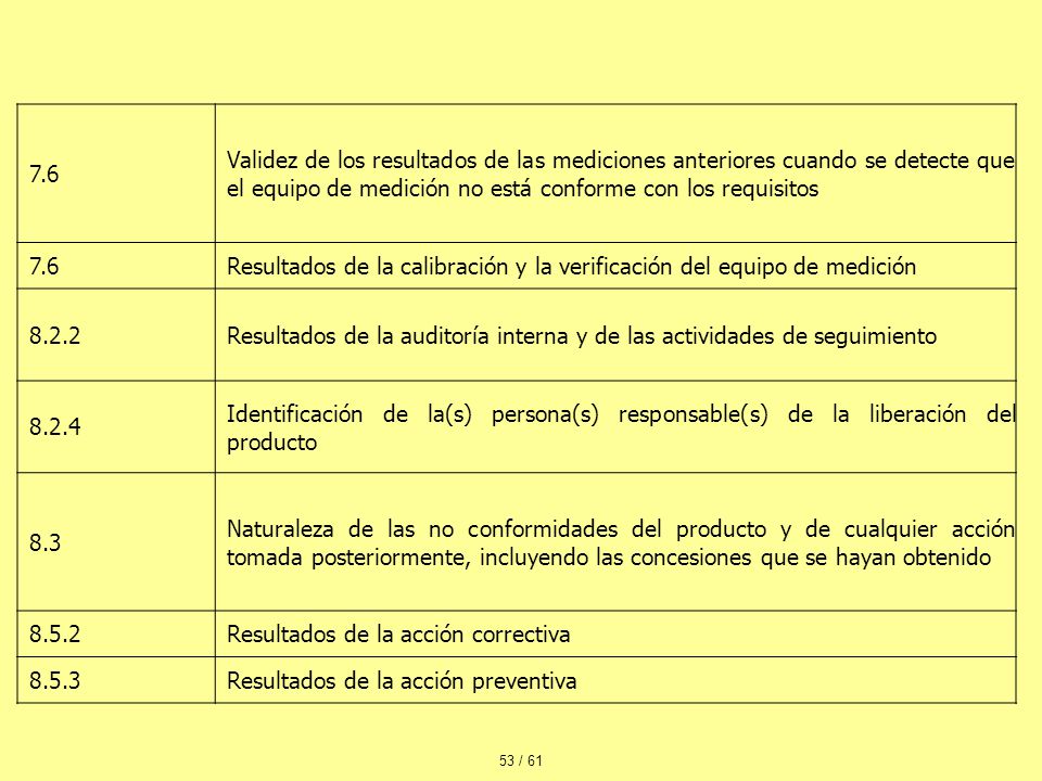 7.6 Validez de los resultados de las mediciones anteriores cuando se detecte que el equipo de medición no está conforme con los requisitos.
