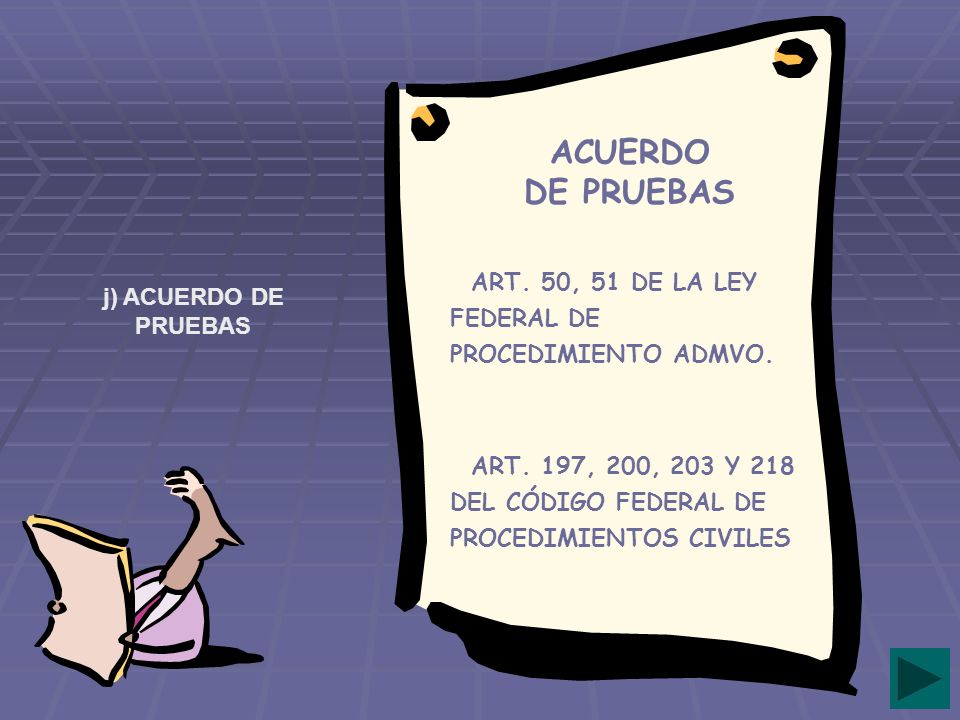 ACUERDO DE PRUEBAS ART. 50, 51 DE LA LEY FEDERAL DE PROCEDIMIENTO ADMVO. j) ACUERDO DE PRUEBAS.