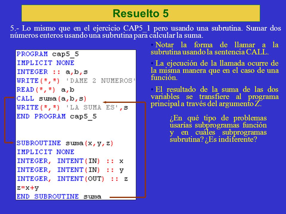 Resuelto Lo mismo que en el ejercicio CAP5_1 pero usando una subrutina. Sumar dos números enteros usando una subrutina para calcular la suma.