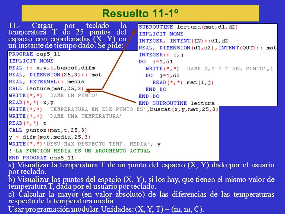 Resuelto 11-1º 11.- Cargar por teclado la temperatura T de 25 puntos del espacio con coordenadas (X, Y) en un instante de tiempo dado. Se pide: