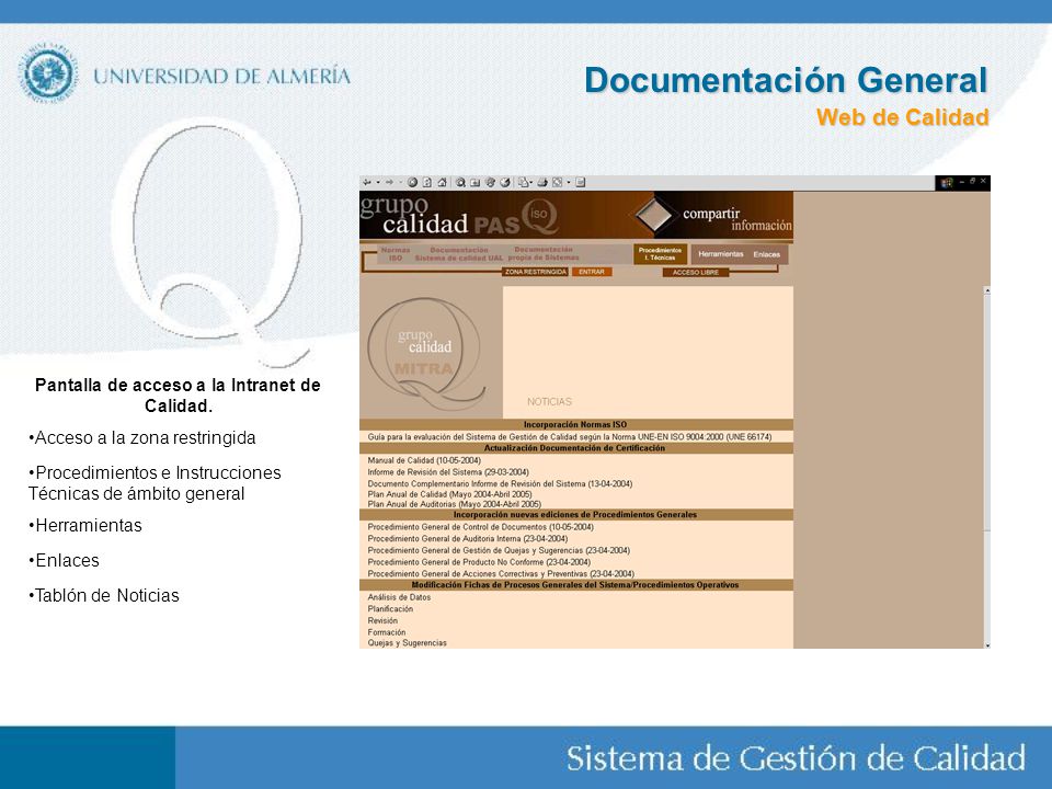 Pantalla de acceso a la Intranet de Calidad.