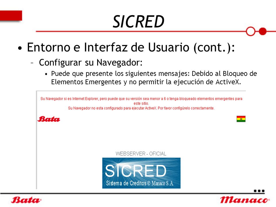 SICRED Entorno e Interfaz de Usuario (cont.): Configurar su Navegador: