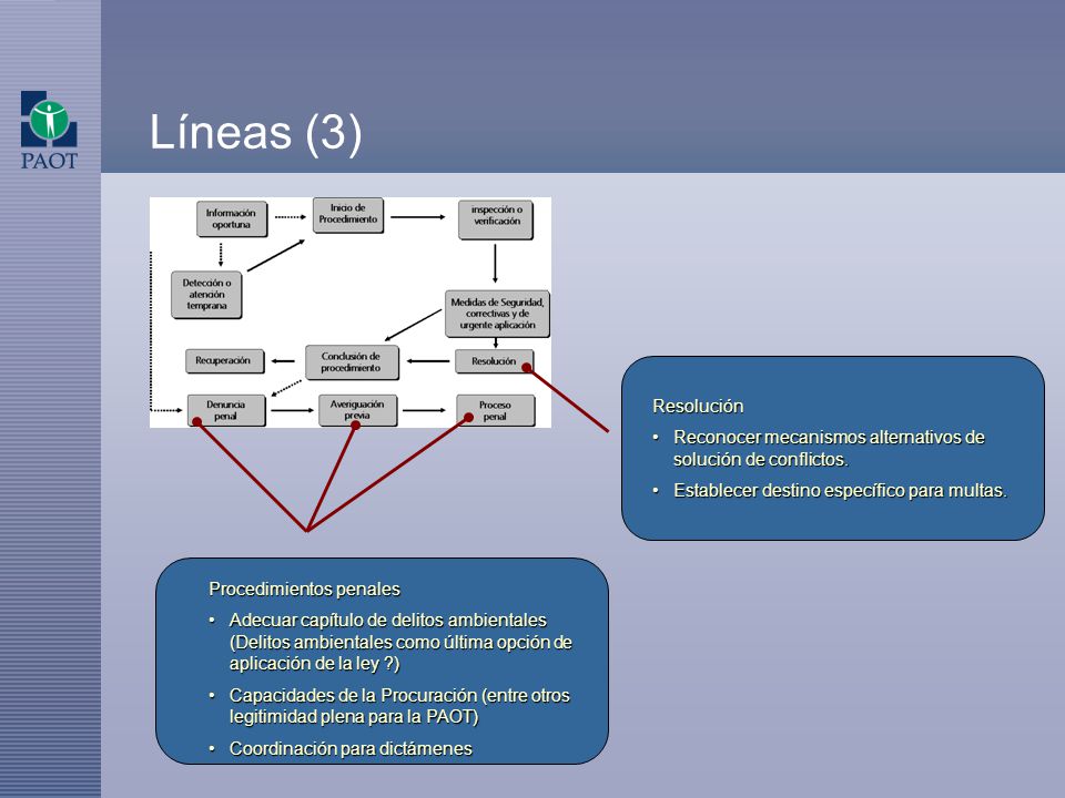 Líneas (3) Procedimientos penales. Adecuar capítulo de delitos ambientales (Delitos ambientales como última opción de aplicación de la ley )