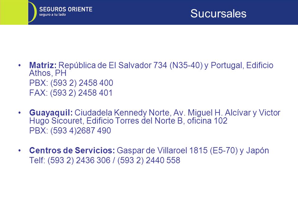 Sucursales Matriz: República de El Salvador 734 (N35-40) y Portugal, Edificio Athos, PH. PBX: (593 2)