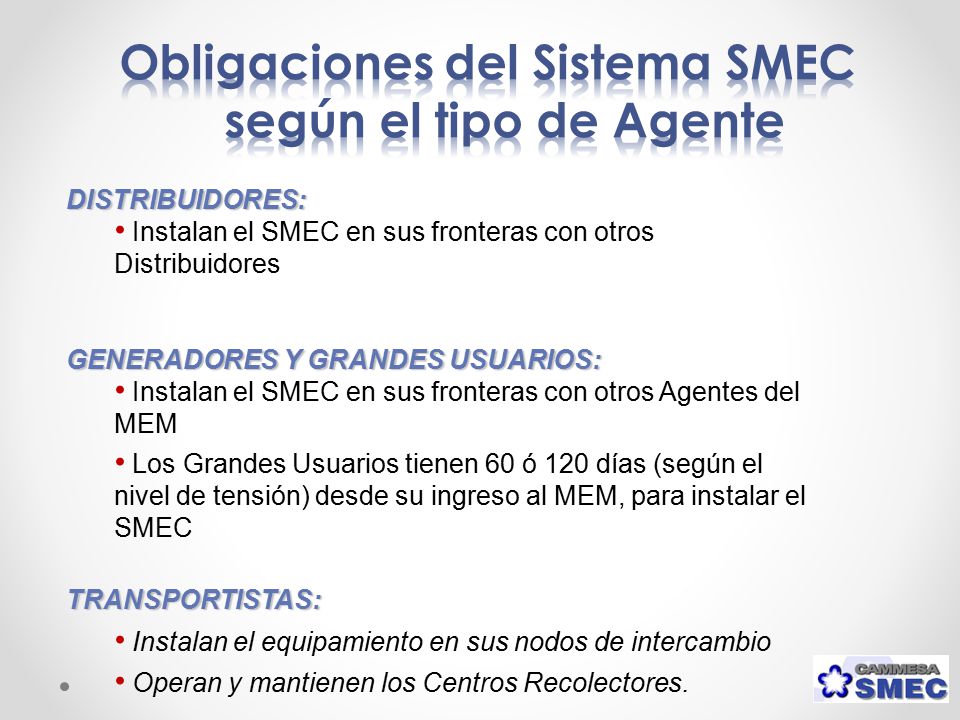 Obligaciones del Sistema SMEC según el tipo de Agente