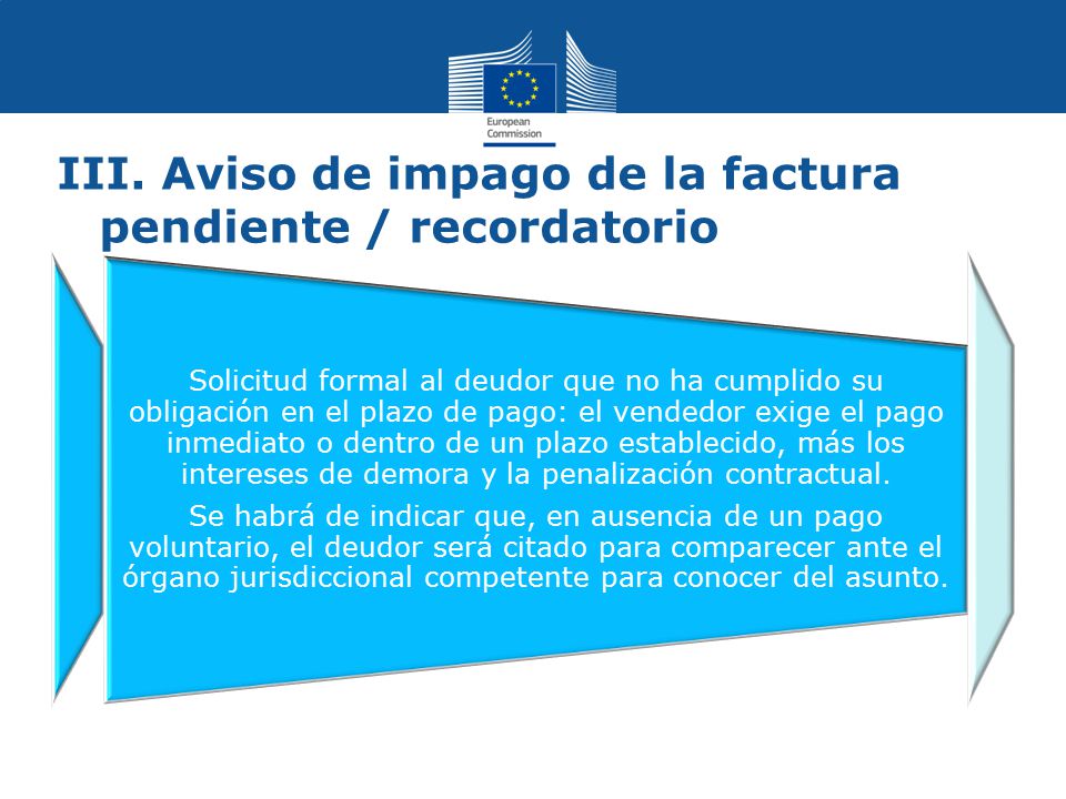III. Aviso de impago de la factura pendiente / recordatorio