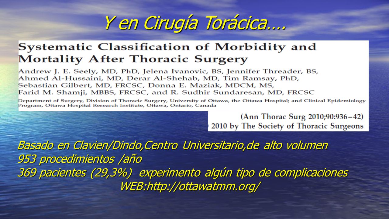 Y en Cirugía Torácica…. Basado en Clavien/Dindo,Centro Universitario,de alto volumen. 953 procedimientos /año.