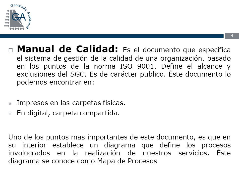 Manual de Calidad: Es el documento que especifica el sistema de gestión de la calidad de una organización, basado en los puntos de la norma ISO Define el alcance y exclusiones del SGC. Es de carácter publico. Éste documento lo podemos encontrar en: