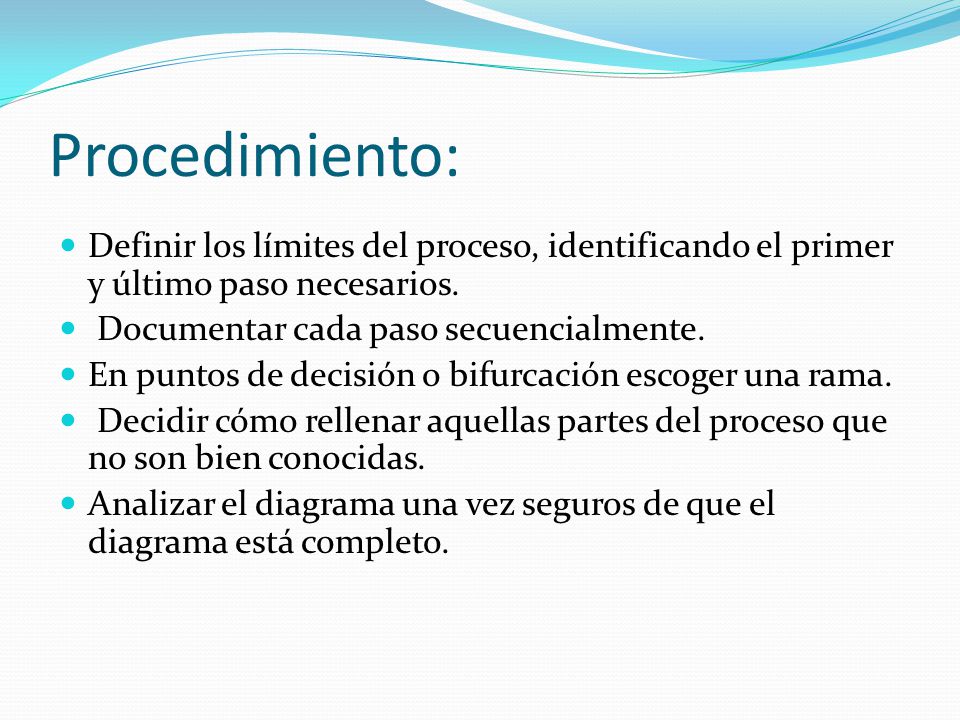 Procedimiento: Definir los límites del proceso, identificando el primer y último paso necesarios. Documentar cada paso secuencialmente.