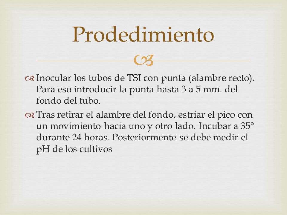 Prodedimiento Inocular los tubos de TSI con punta (alambre recto). Para eso introducir la punta hasta 3 a 5 mm. del fondo del tubo.