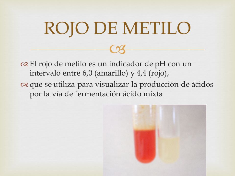 ROJO DE METILO El rojo de metilo es un indicador de pH con un intervalo entre 6,0 (amarillo) y 4,4 (rojo),